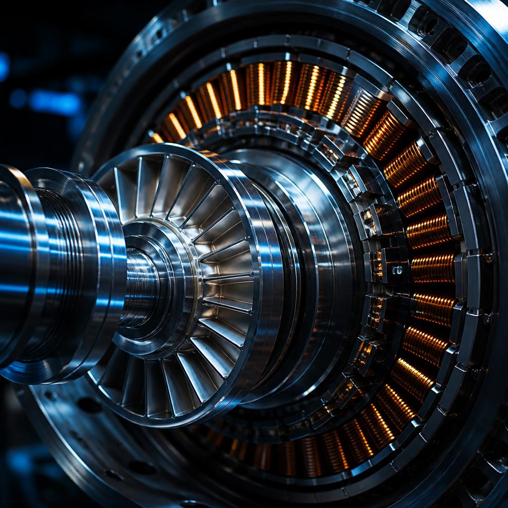 Close-up of a turbine generator rotor and stator windings