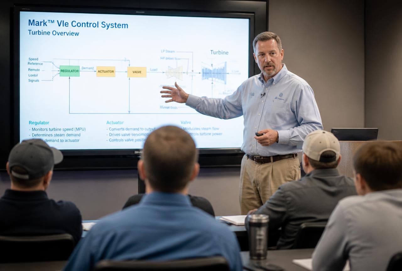 UITPS instructor presenting a Mark VIe turbine control system class to plant engineers
